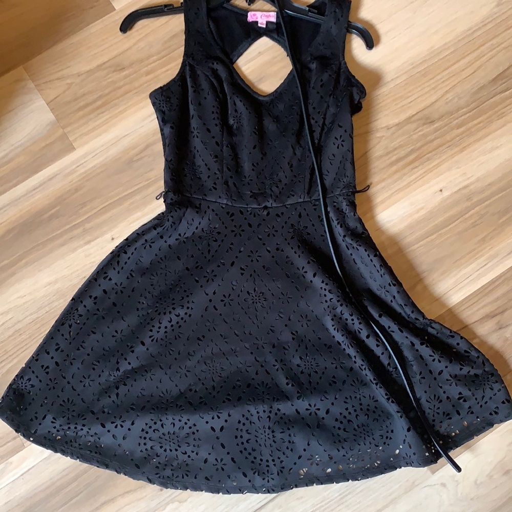 Laser Cut Black fit and flare belted dress